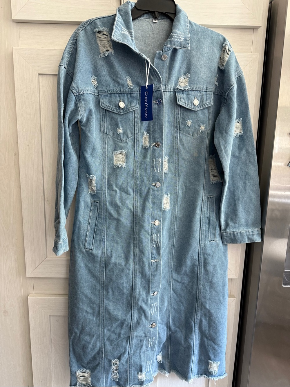 Chouyatou Light Blue Distressed Long Denim Jacket